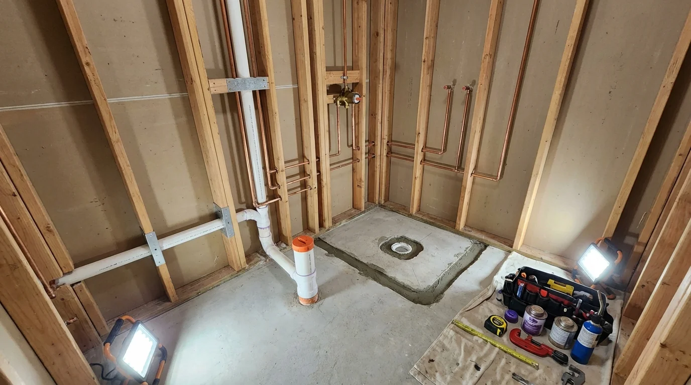 Bathroom rough-in plumbing during remodel by Johns Plumbing LLC in Becker