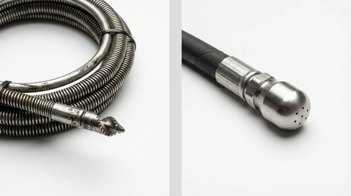 Drain snake cable and hydro jetting nozzle used for drain cleaning in Becker, MN