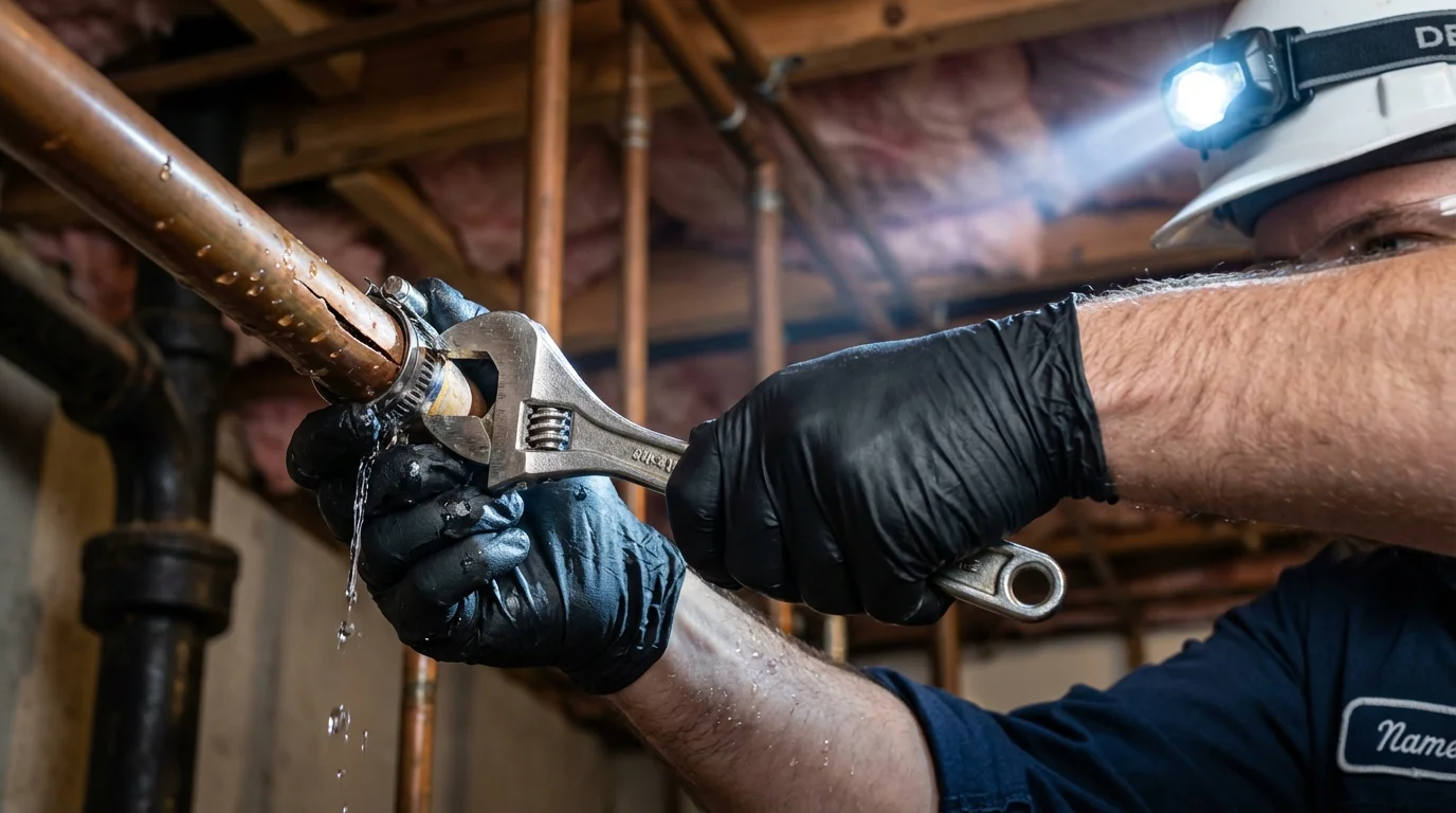 Emergency pipe clamp repair being performed by a Johns Plumbing LLC plumber in Becker
