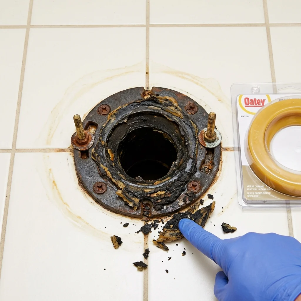 Failed wax ring showing water seepage at the base of a toilet in a Becker, MN home
